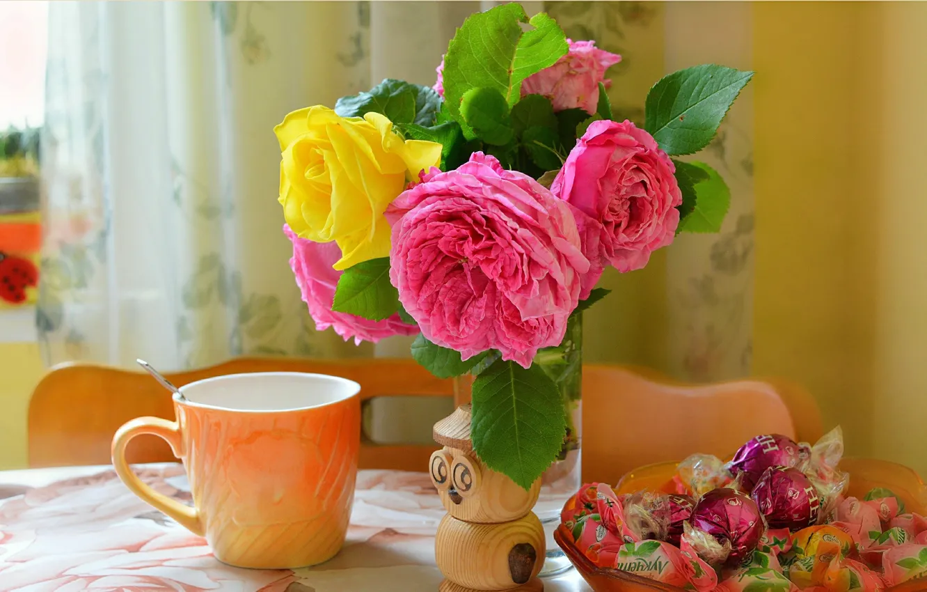 Фото обои Конфеты, кружка, Розы, Чашка, Roses
