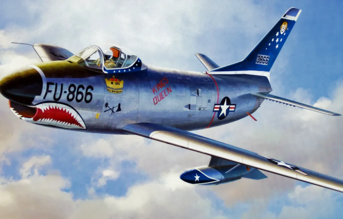 Фото обои art, airplane, painting, aviation, jet, F-86D sabre dog &quot;shark teeth