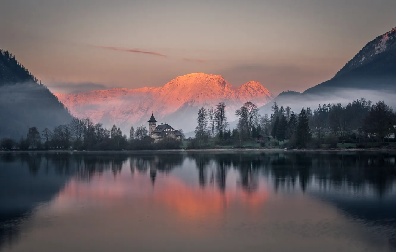 Фото обои деревья, горы, озеро, рассвет, утро, Австрия, Альпы, Austria