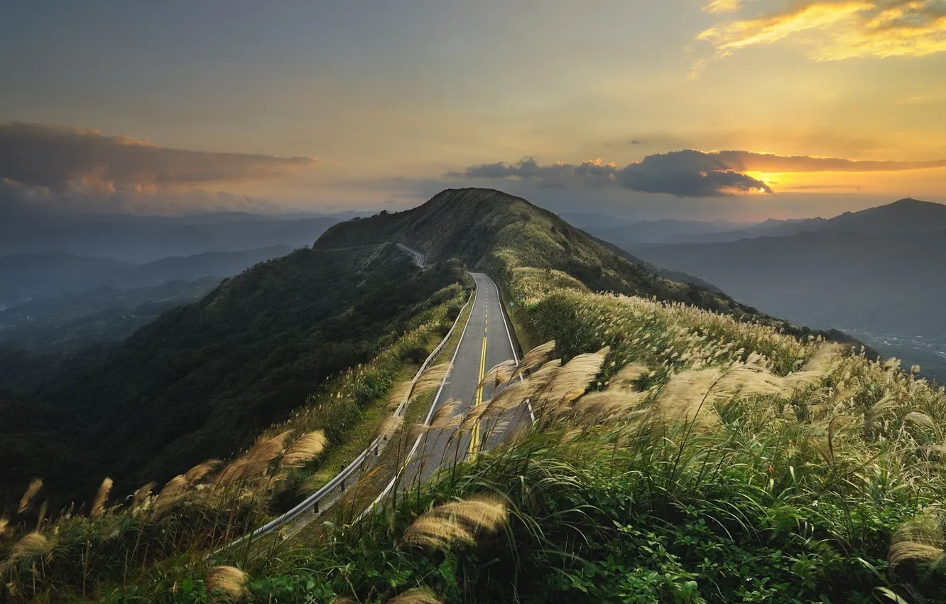 Фото обои road, clouds, hills, Mountains