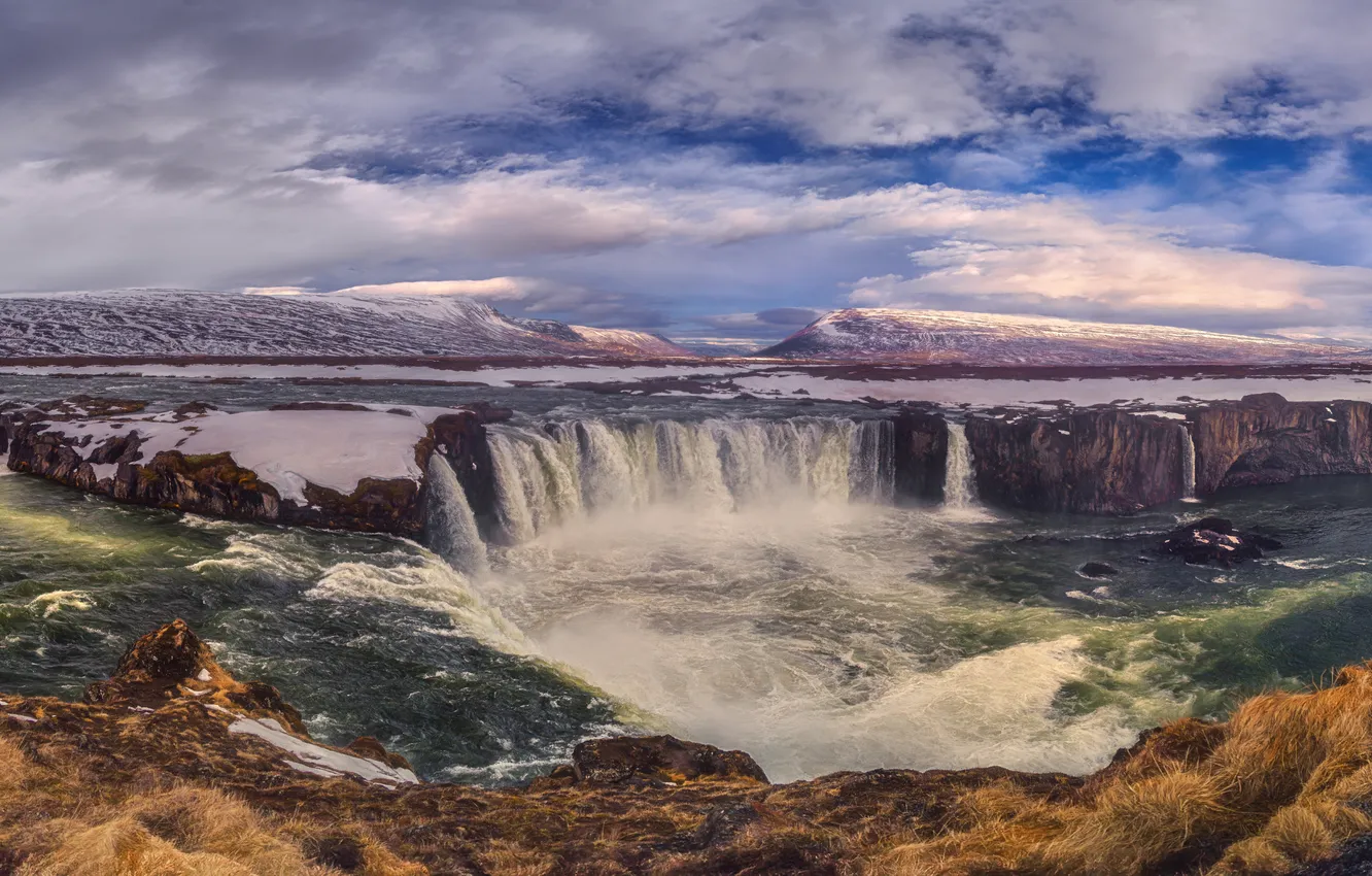 Фото обои пена, водопад, красота, горизонт, потоки воды, Годафосс, Шварцман Евгений
