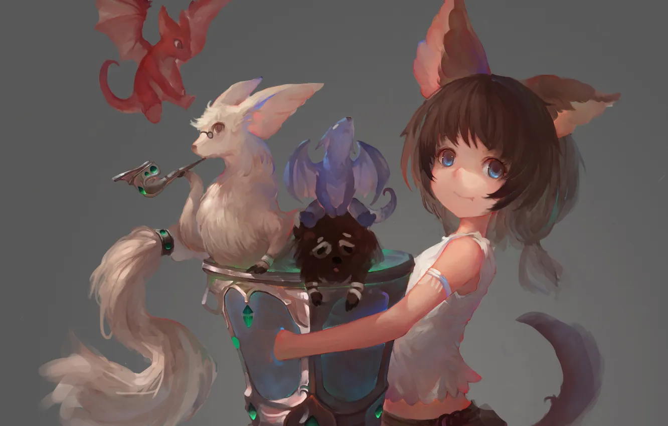 Фото обои животные, девушка, крылья, трубка, драконы, аниме, арт, хвост