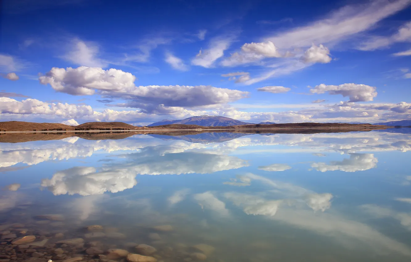 Фото обои небо, облака, горы, озеро, отражение, зеркало