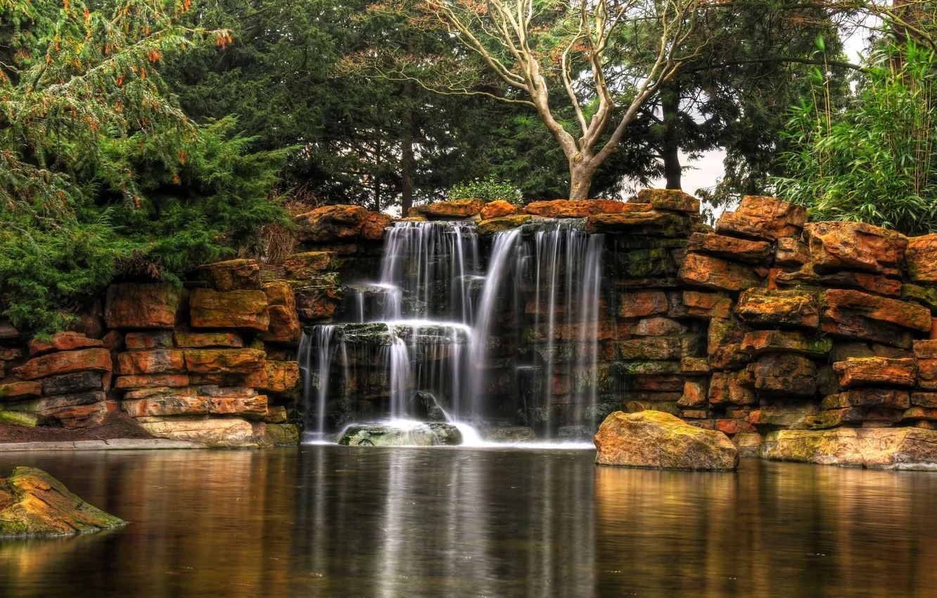 Фото обои деревья, камни, водопад