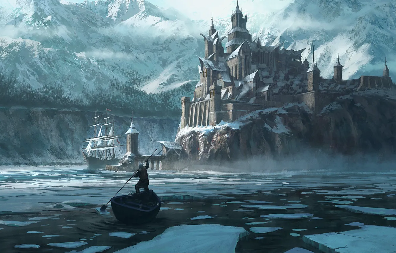 Фото обои лед, зима, море, горы, город, берег, лодка, человек