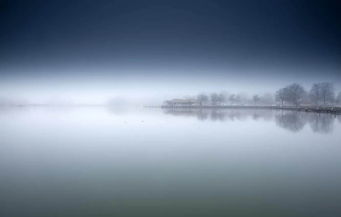 Фото обои туман, озеро, берег, утро