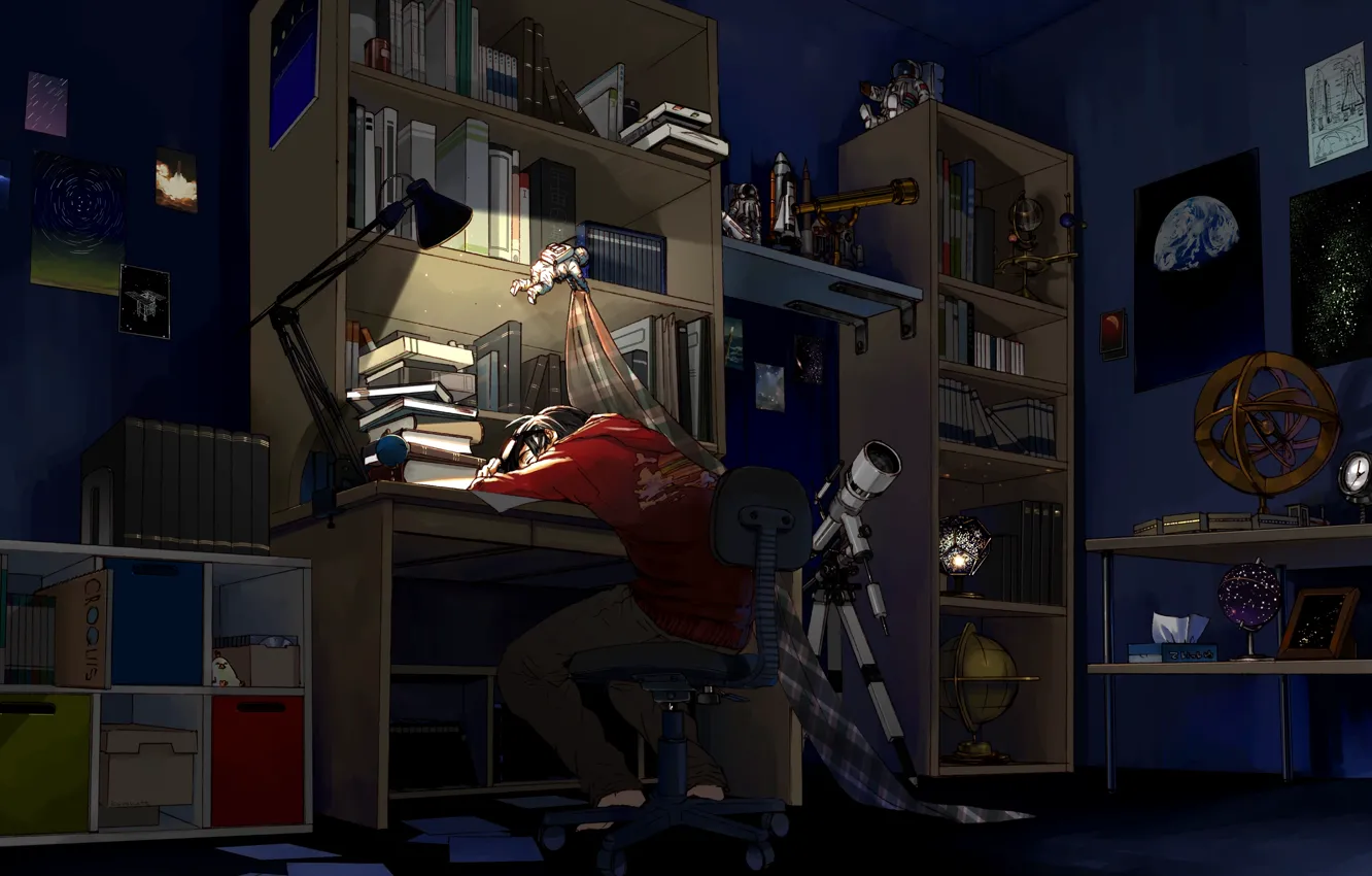 Фото обои ночь, комната, книги, сон, аниме, арт, парень, телескоп