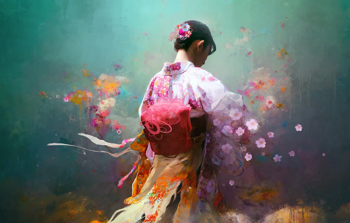 Фото обои Japan, girl, art, flowers, Asia, kimono, traditional dress