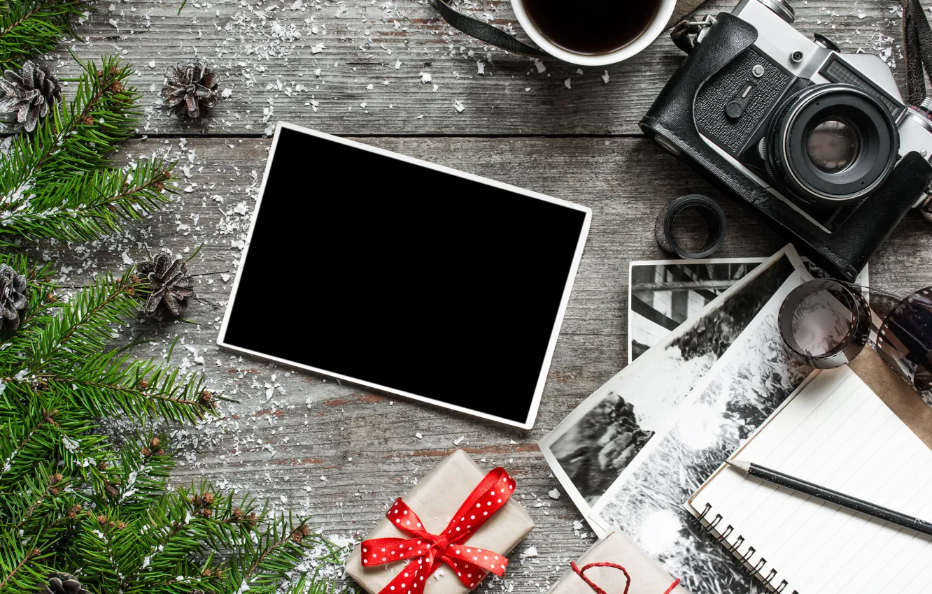 Фото обои фото, елка, камера, Новый Год, Рождество, подарки, Christmas, vintage