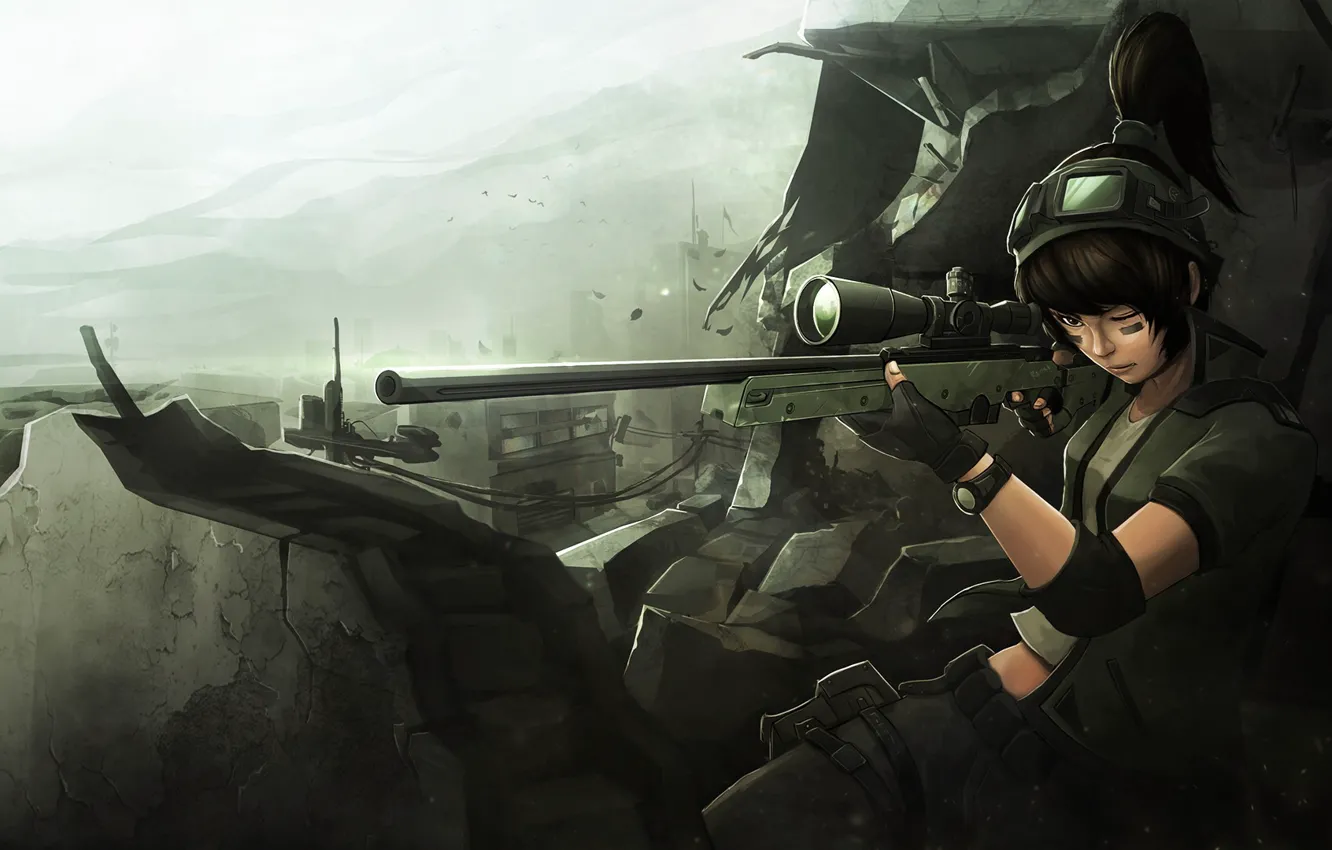 Фото обои девушка, солдат, руины, снайпер, art