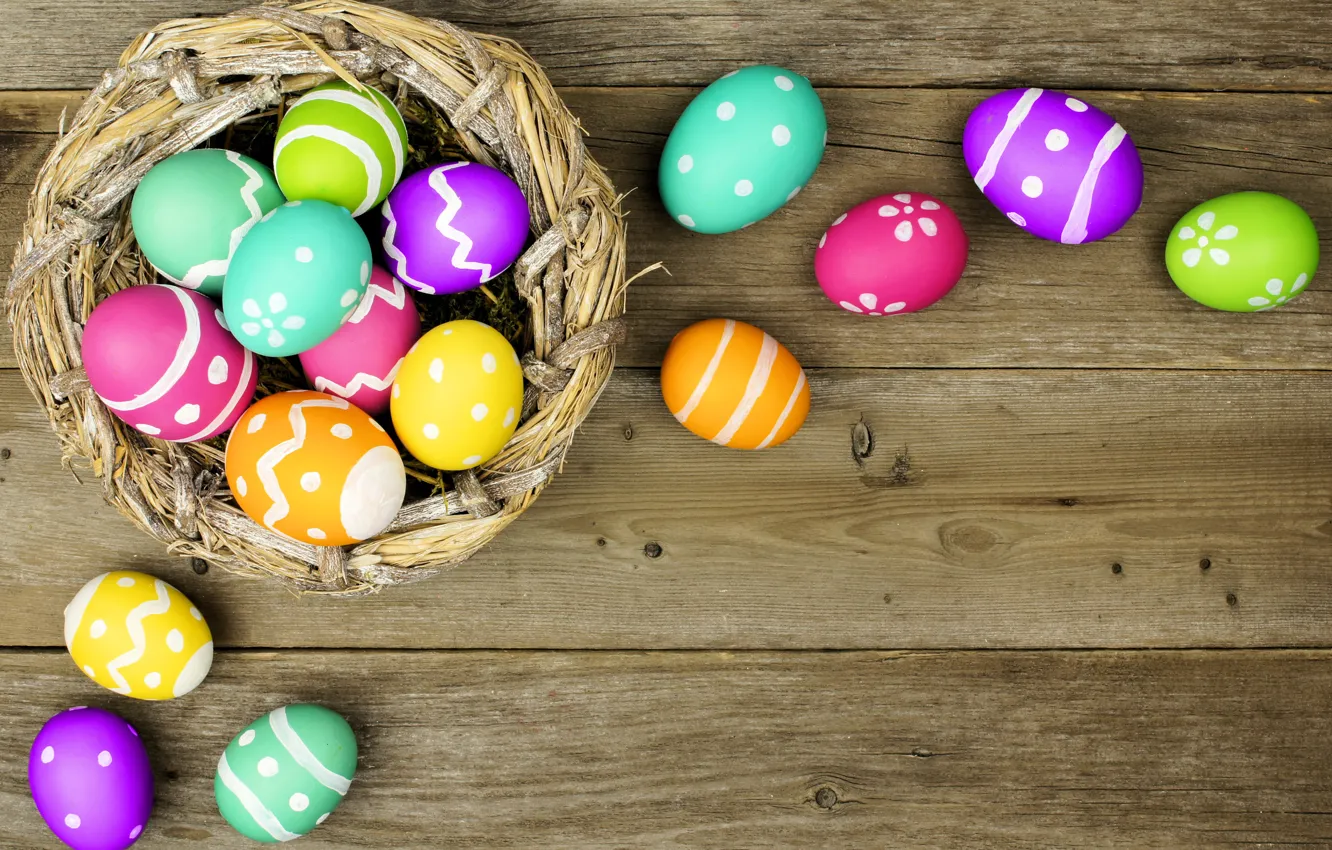 Фото обои корзина, colorful, Пасха, happy, wood, spring, Easter, eggs