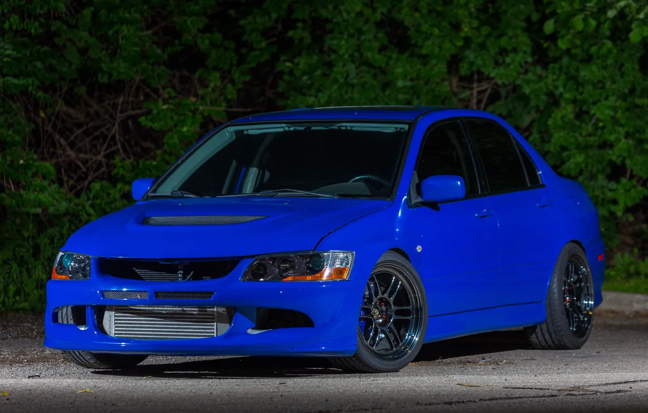 Фото обои Mitsubishi, Lancer, Evolution, Blue, Night