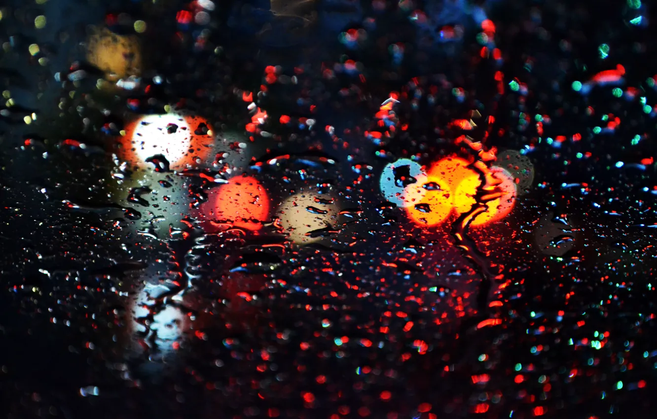 Фото обои вода, капли, свет, дождь, окна, боке
