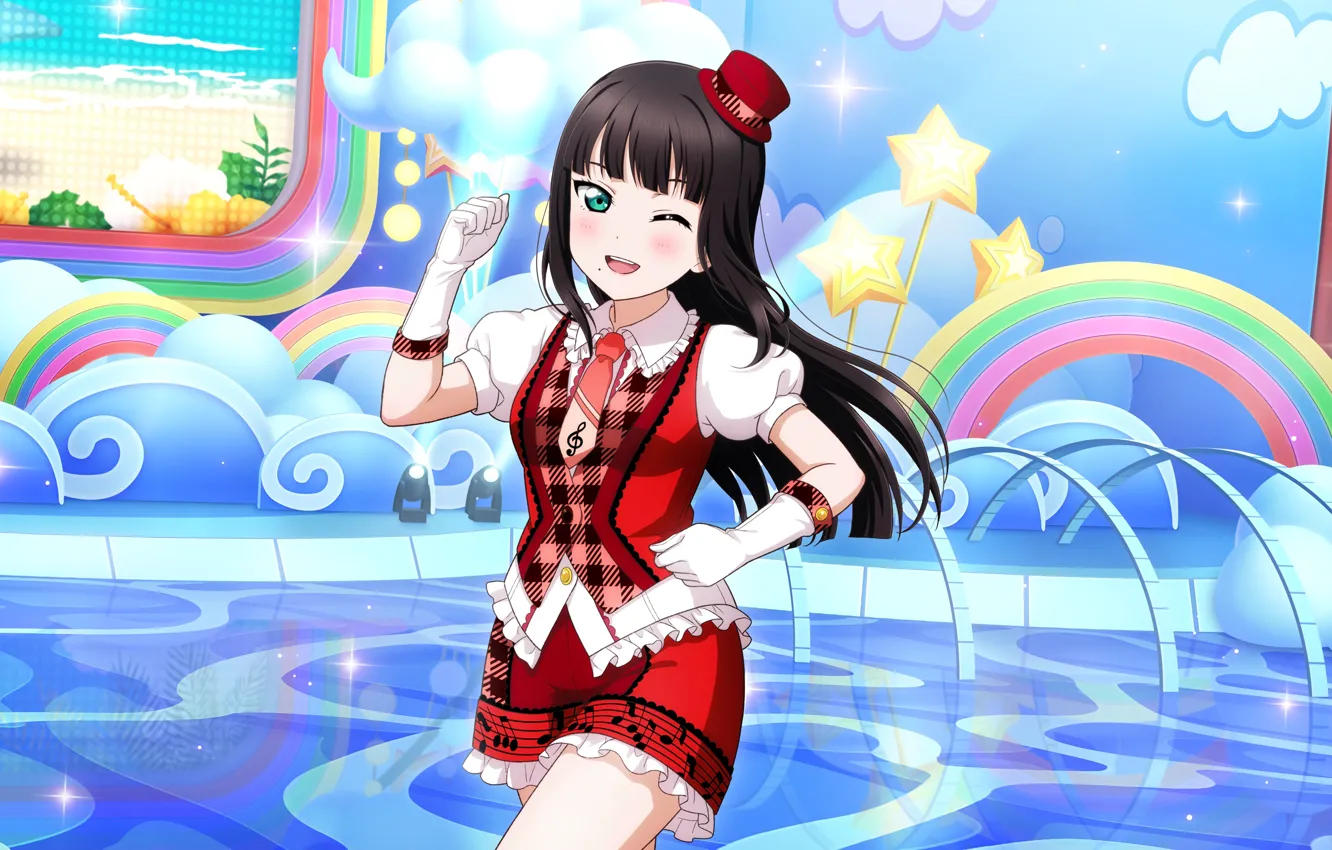 Фото обои anime, moles, Love Live, looking at viewer, Love Live Sunshine, Kurosawa Dia, one eye closed, …