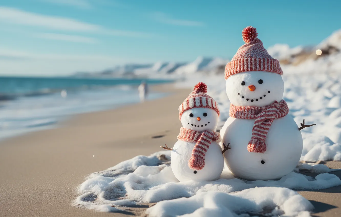Фото обои песок, море, пляж, снег, снеговик, christmas, happy, beach