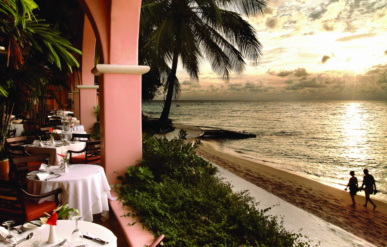 Фото обои пляж, вечер, ресторан, отель