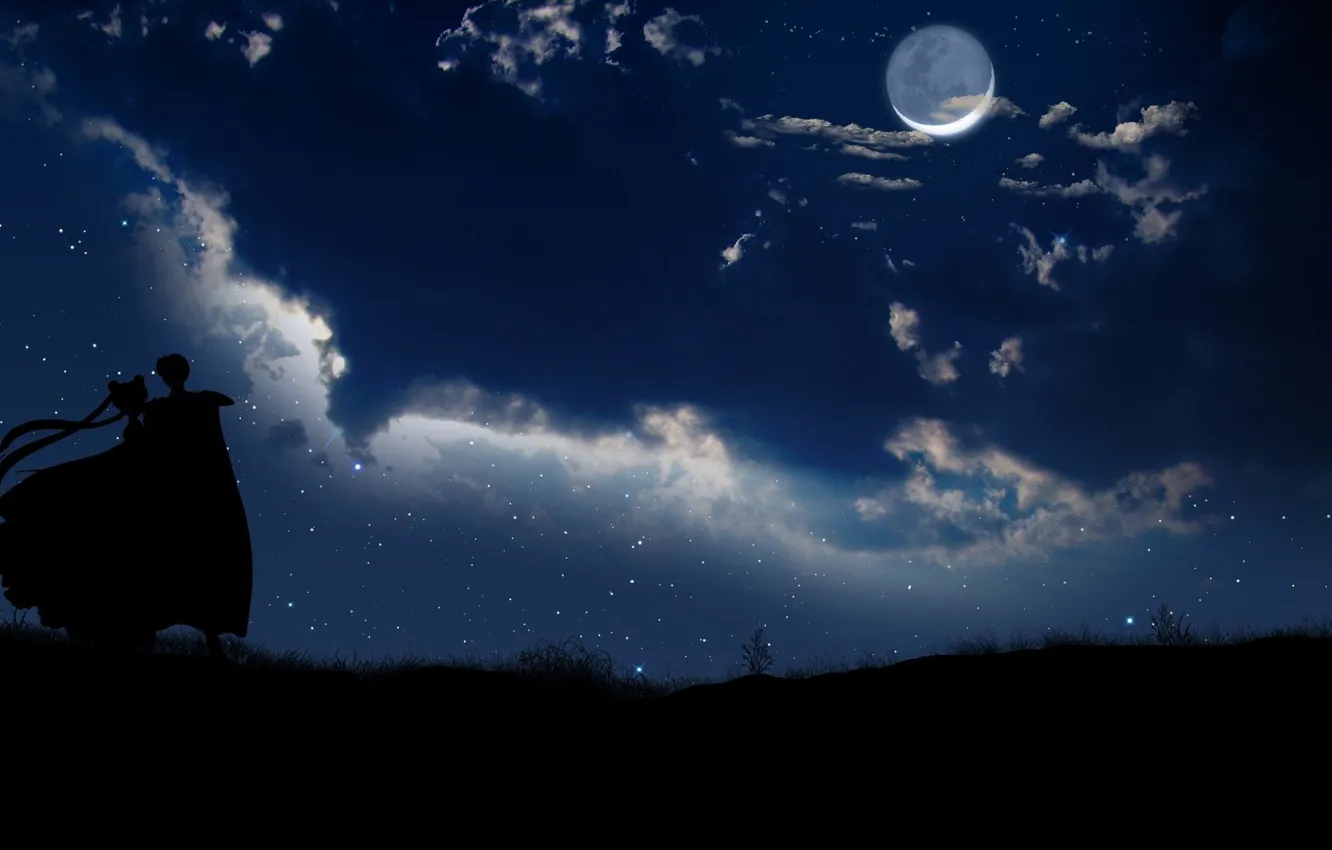 Фото обои девушка, звезды, облака, ночь, луна, парень, силуэты, serenity
