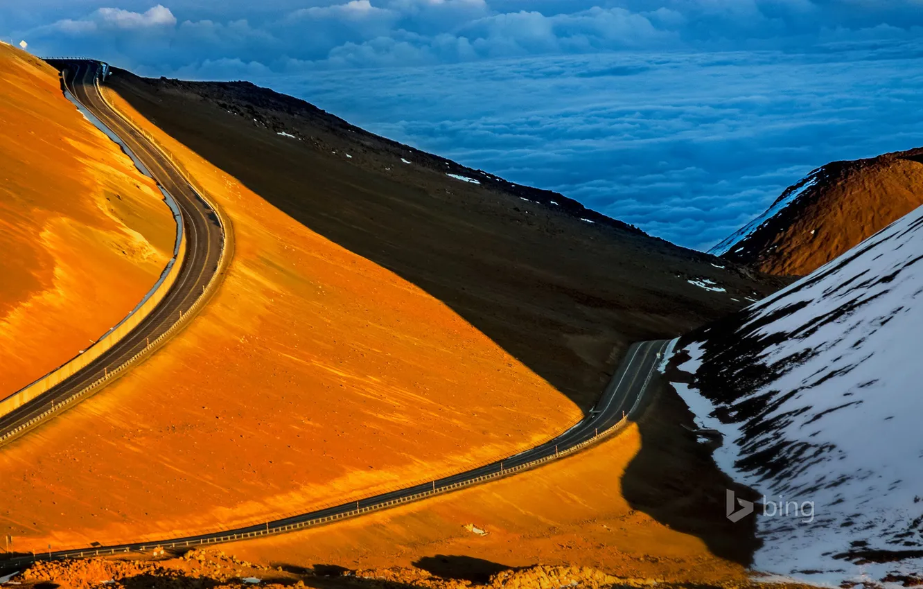 Фото обои облака, краски, гора, Гавайи, США, Большой остров, дорога до Мауна-Кеа