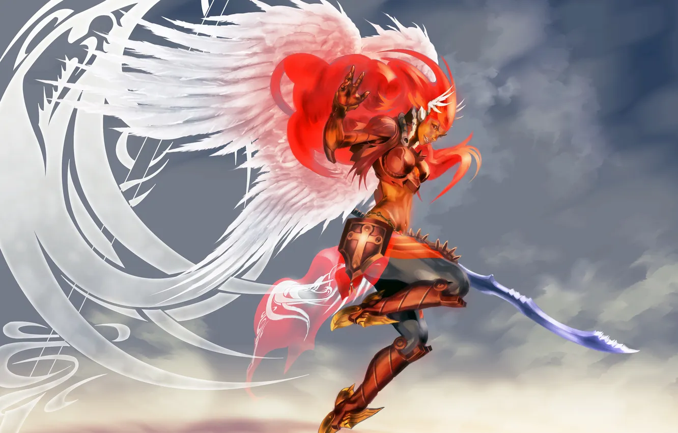 Фото обои небо, оружие, фантастика, крылья, меч, доспехи, валькирия, красные волосы
