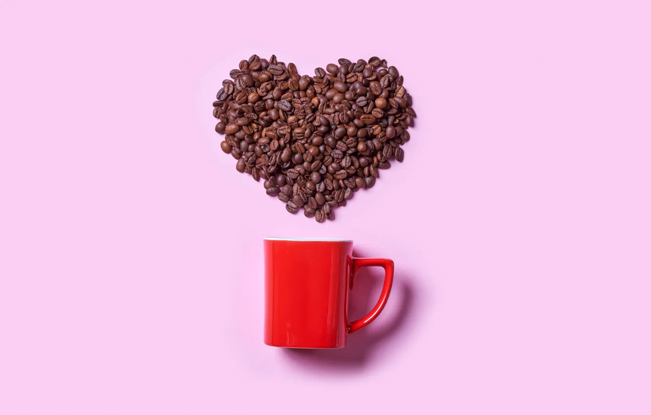 Фото обои креатив, фон, настроение, сердце, кофе, тень, чашка, красная
