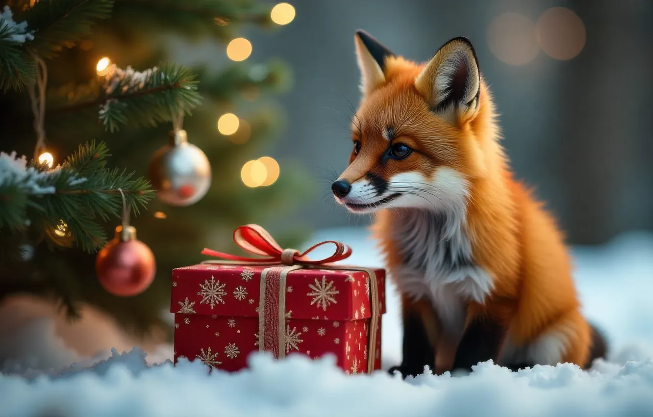 Фото обои зима, взгляд, шарики, снег, ветки, подарок, новый год, Рождество