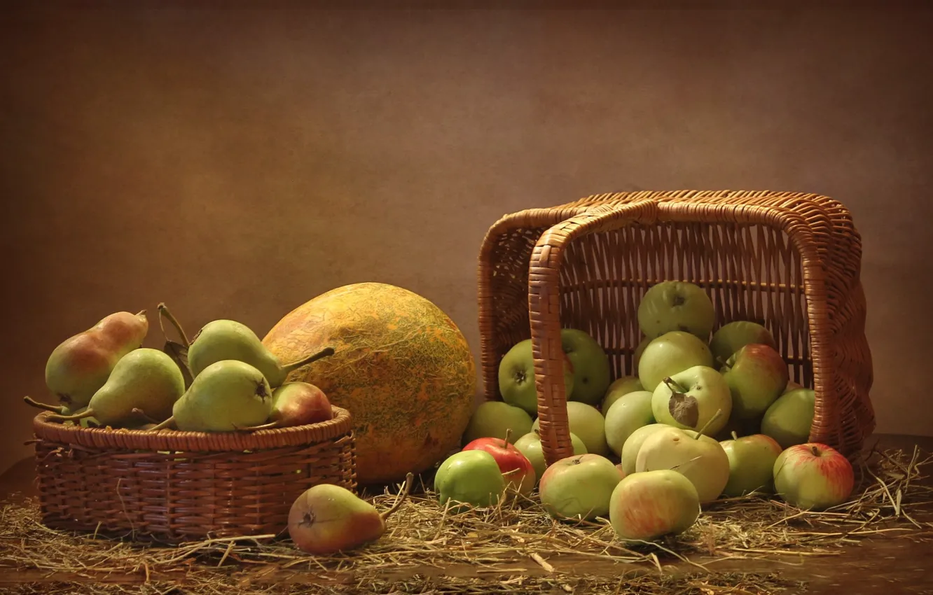 Фото обои корзина, яблоки, фрукты, груши, натюрмоРТ