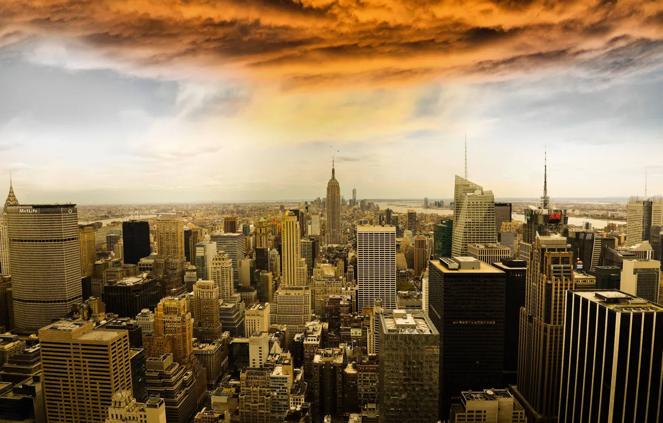 Фото обои облака, дома, Нью-Йорк, панорама, США