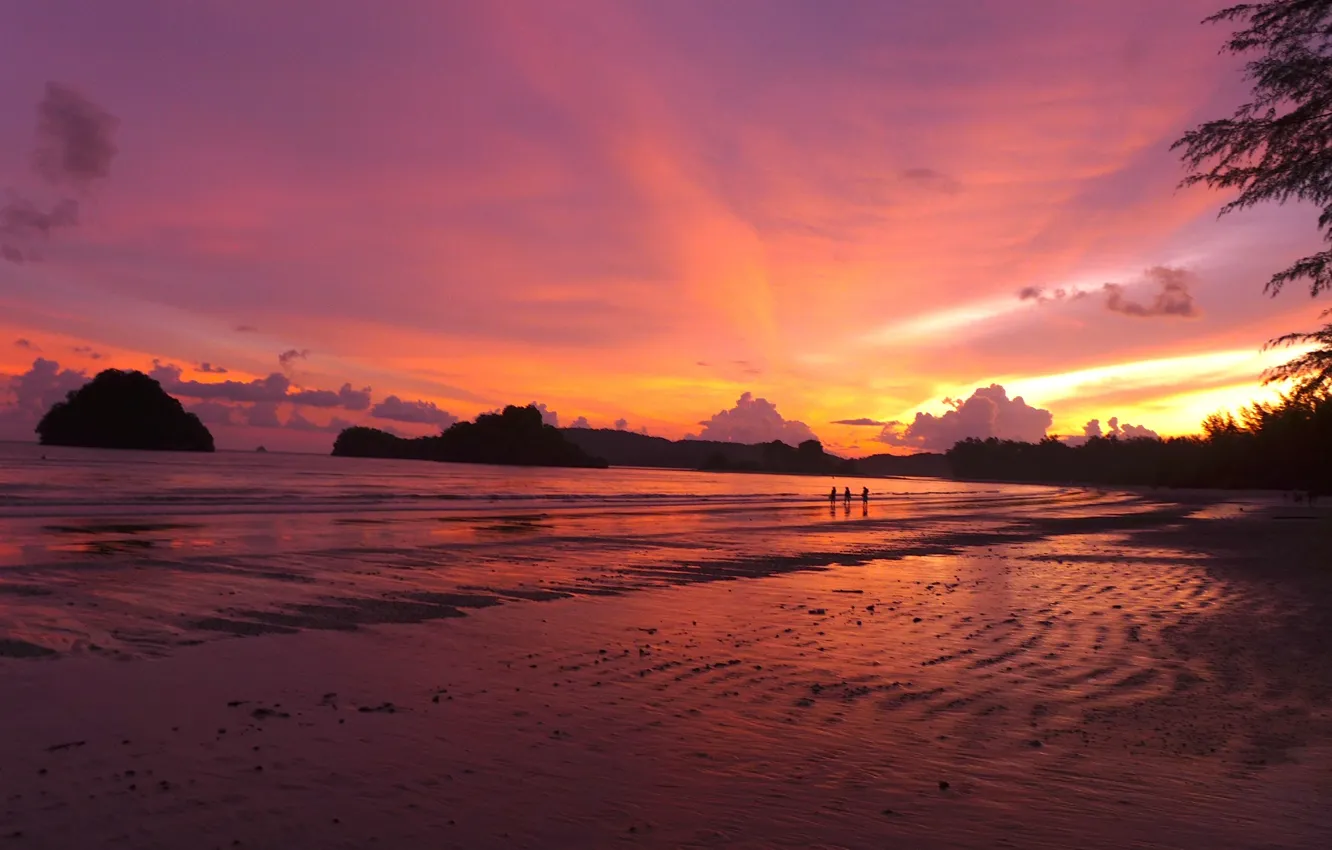 Фото обои Thailand, trees, ocean, sunset, water, rocks, people, sand