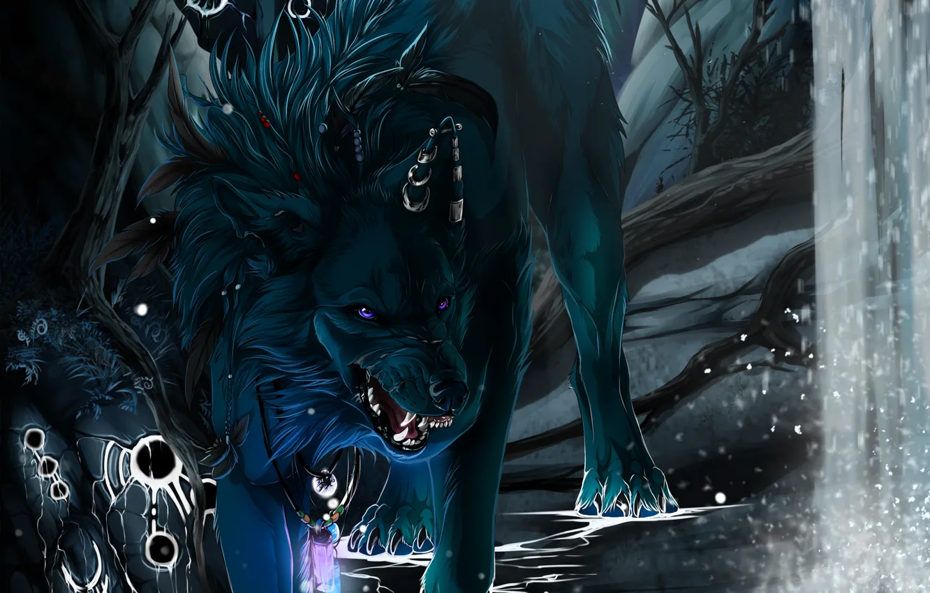 Фото обои черный, водопад, волк, клыки, art, wolfroad