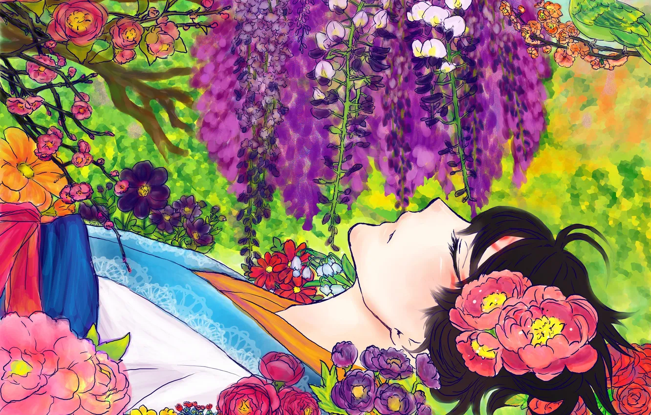 Фото обои девушка, цветы, птица, арт, лежит, Аниме, кимоно, Anime
