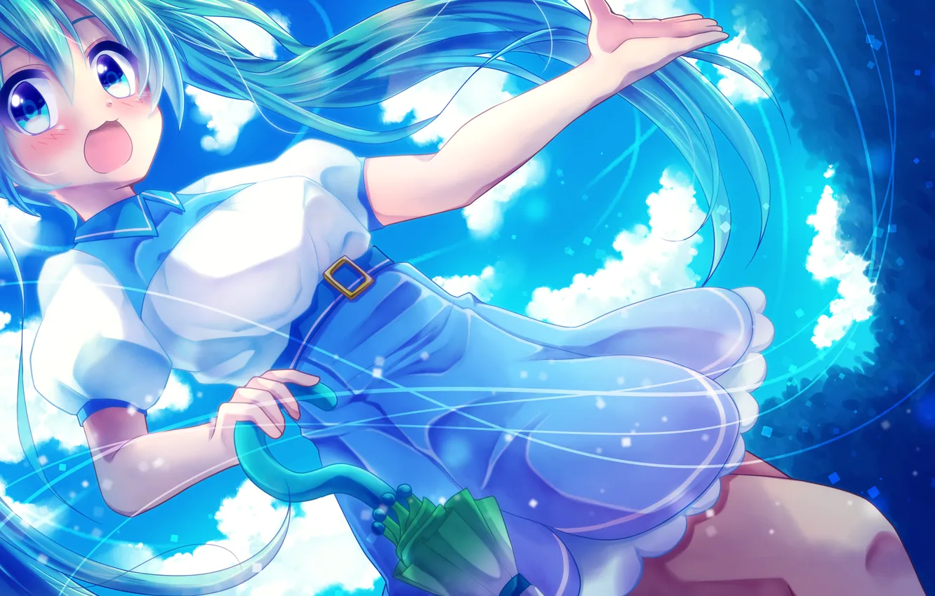 Фото обои небо, девушка, облака, природа, зонт, арт, vocaloid, hatsune miku
