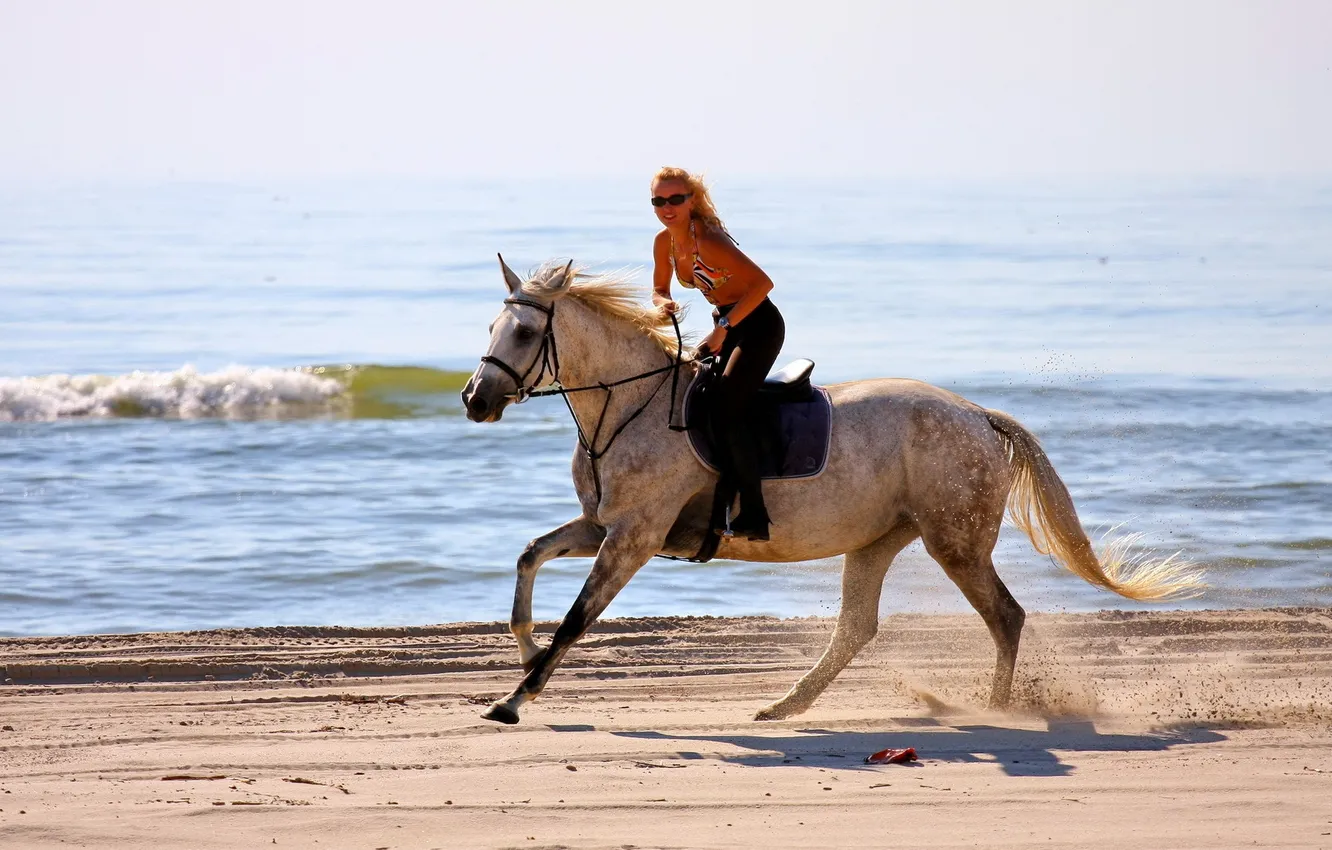 Фото обои море, девушка, конь