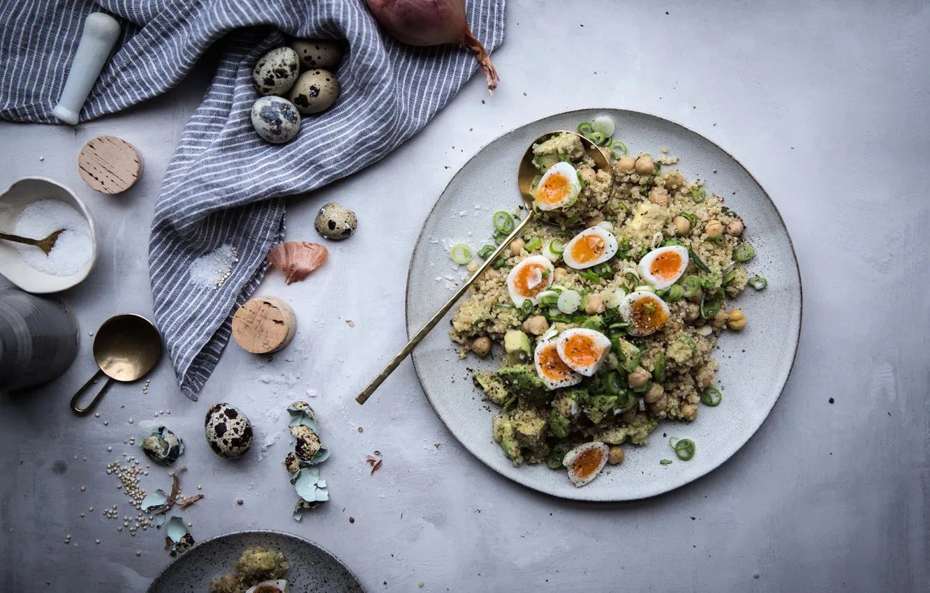 Фото обои salad, vegetarian, quinoa, food styling, chickpea, quail eggs