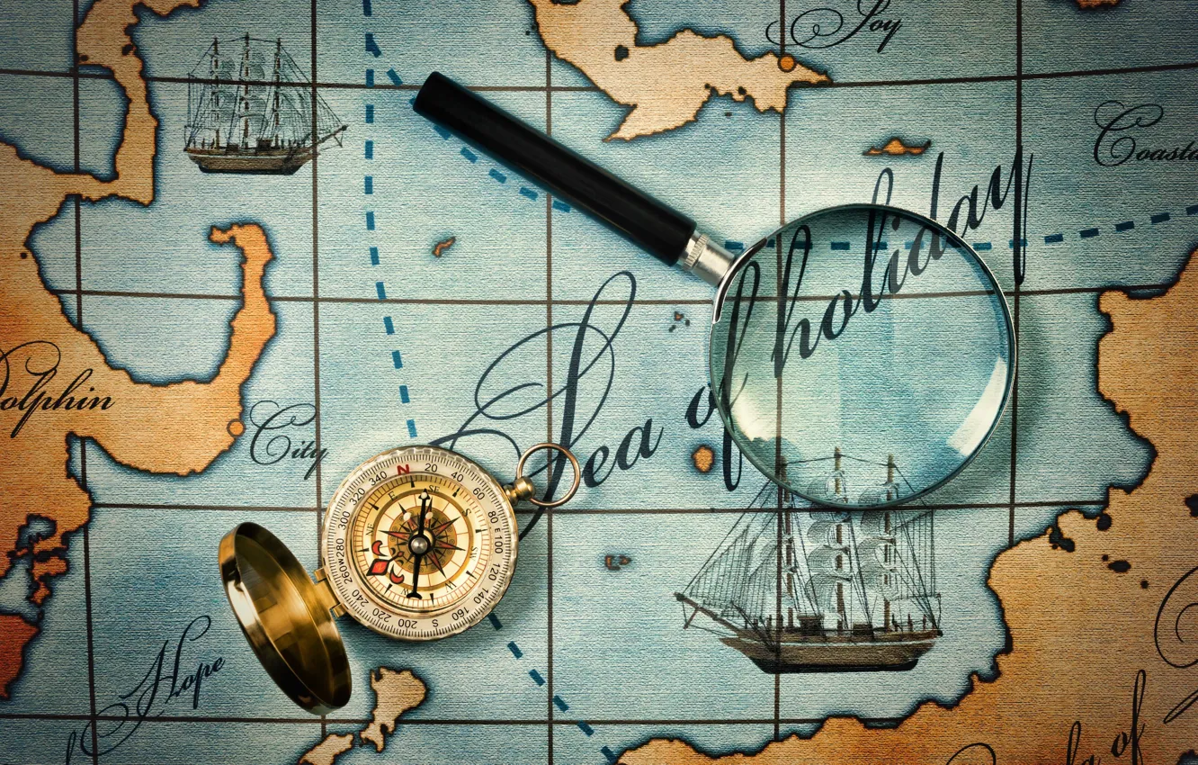 Фото обои острова, пути, лупа, путешествие, компас, морские, континенты, compass