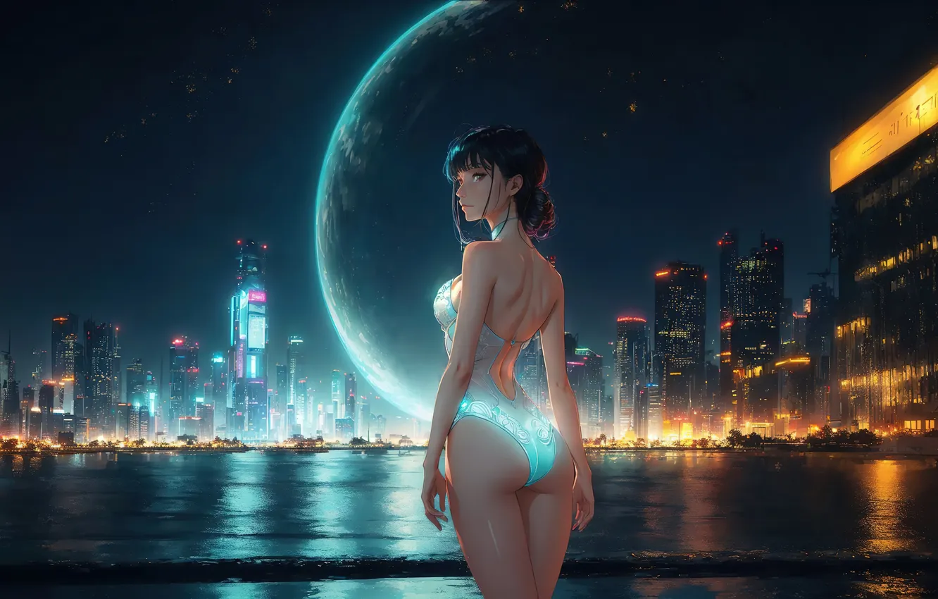 Фото обои city, girl, moon, fantasy, anime, night, art, night sky