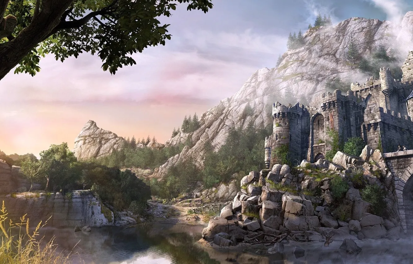 Фото обои деревья, горы, мост, река, камни, замок, крепость