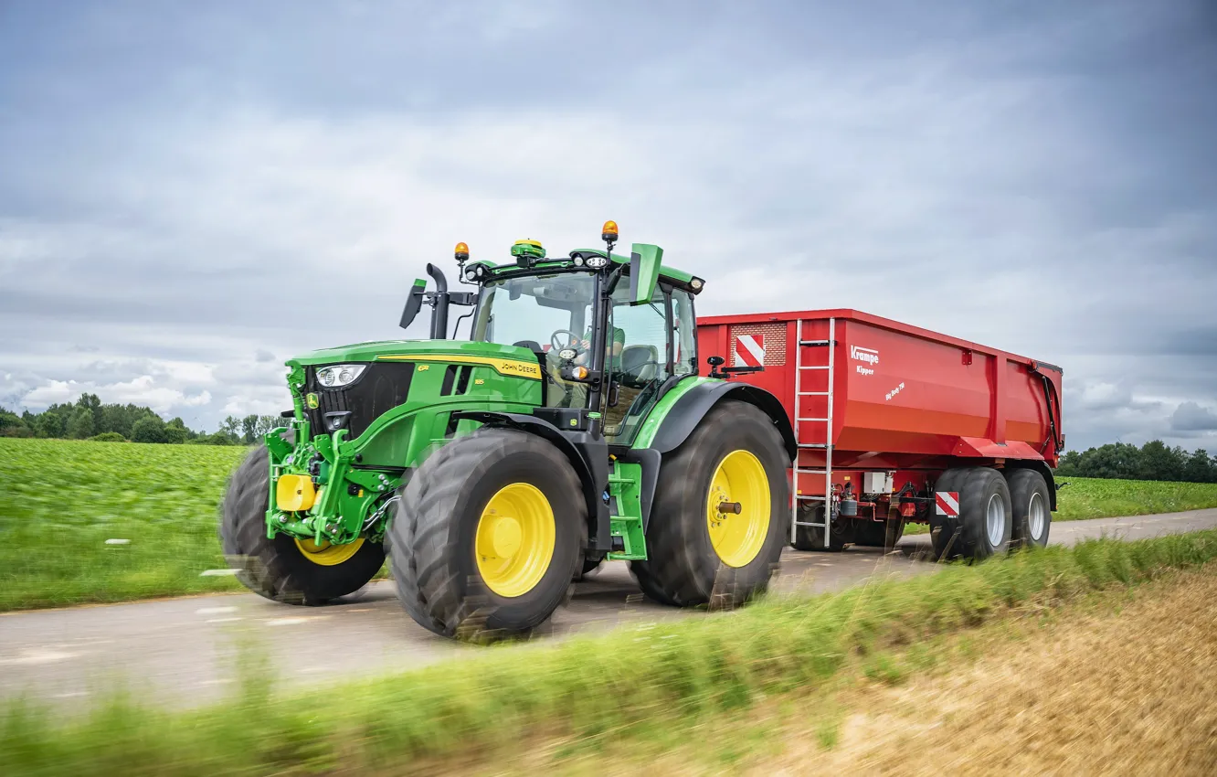 Фото обои road, tractor, trailer, agriculture, john deere, 6R 185