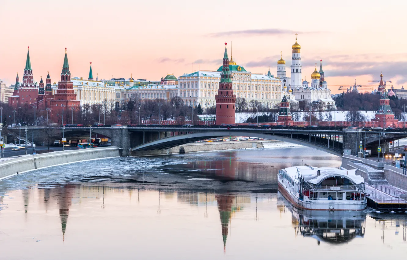 Фото обои зима, река, Москва, Кремль, Russia, Moscow, Kremlin
