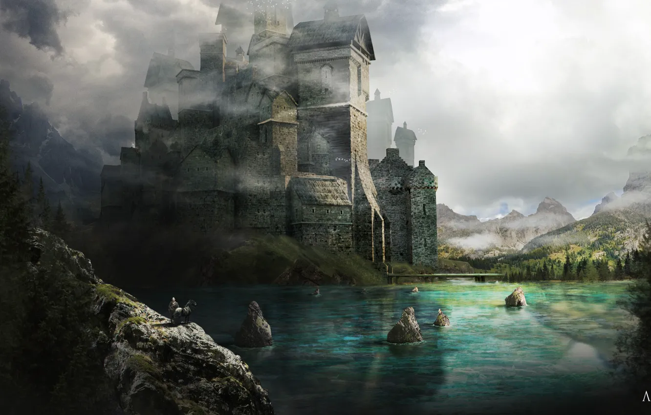 Фото обои горы, замок, водоём, Illustration for a book of Fantasia, Occidenth