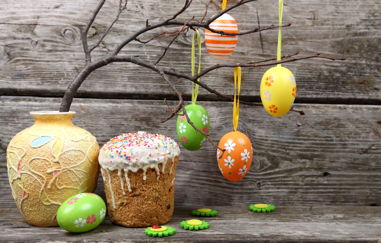 Фото обои ветка, Пасха, Яйца, ваза, Праздник, Кулич, Easter, крашенки