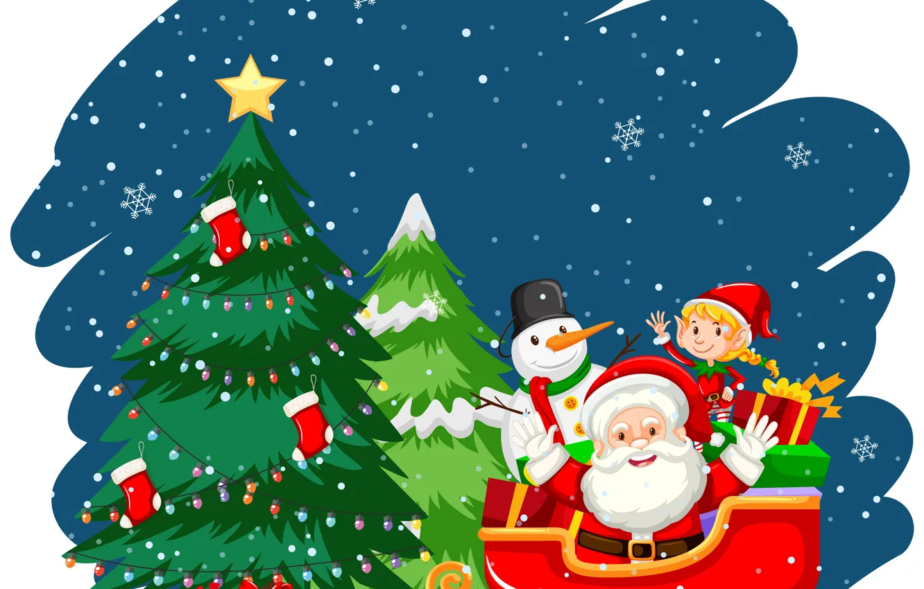 Фото обои Улыбка, Рождество, Новый год, Эльф, Ёлка, Подарки, Санта-Клаус, Снеговик