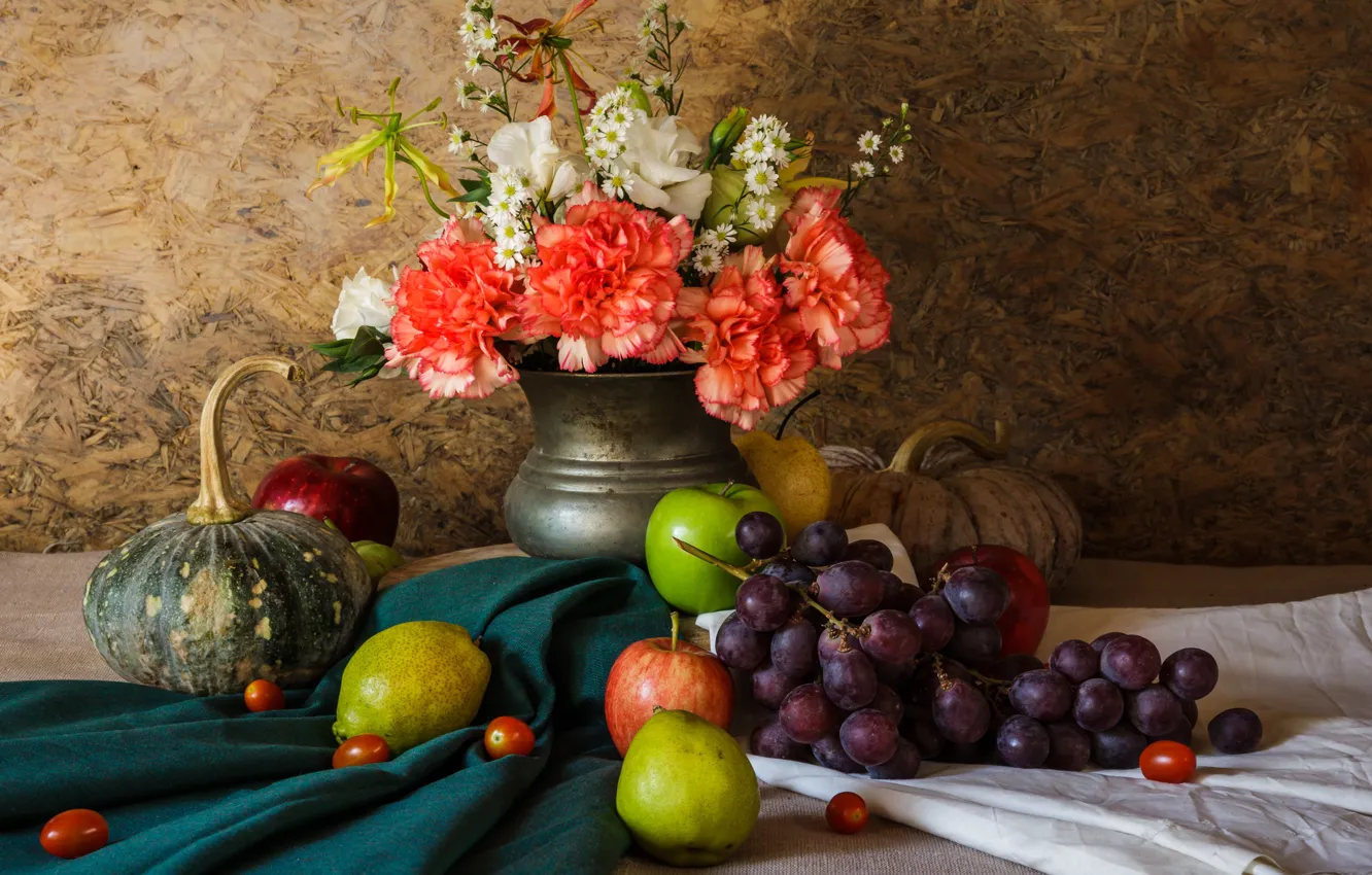 Фото обои цветы, яблоки, букет, виноград, фрукты, натюрморт, груши, flowers