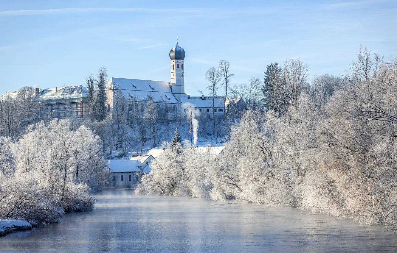 Фото обои зима, иней, свет, снег, деревья, ветки, природа, берег