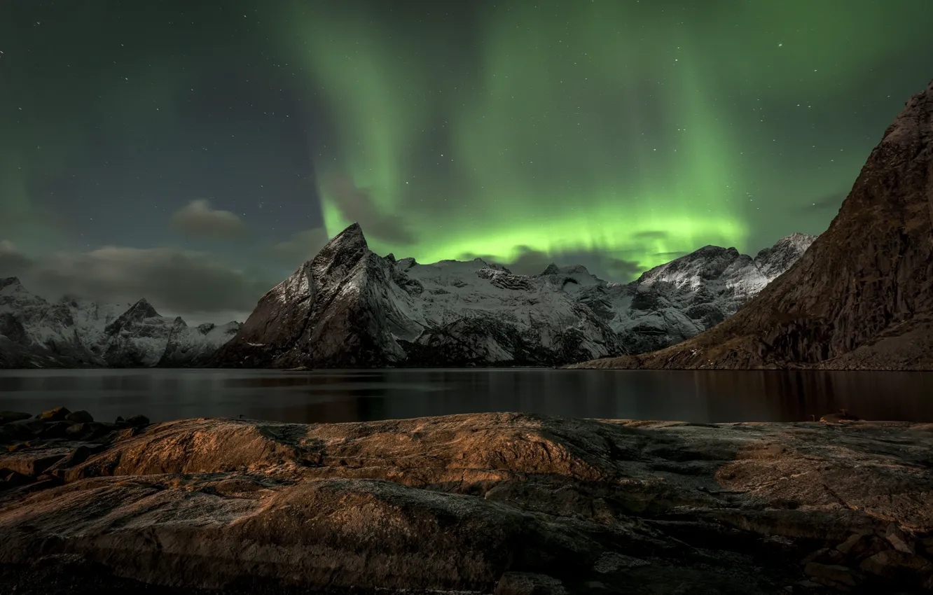Фото обои горы, Норвегия, mountains, Norway, Aurora Borealis, Lofoten, Лофотенских островах