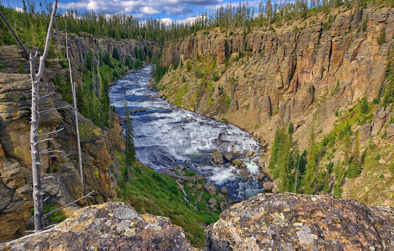 Фото обои небо, деревья, горы, река, скалы