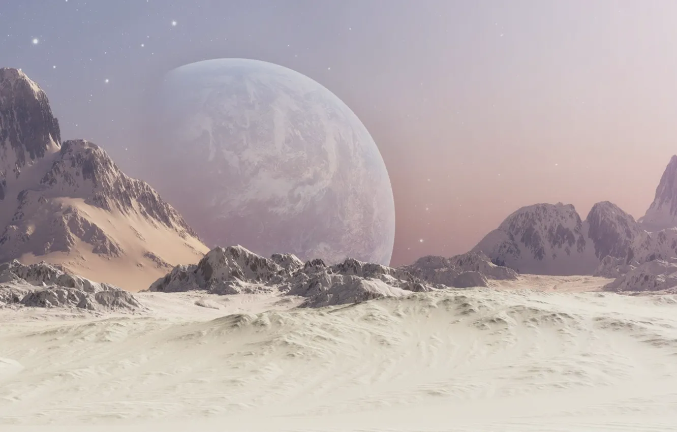 Фото обои небо, звезды, снег, горы, планета