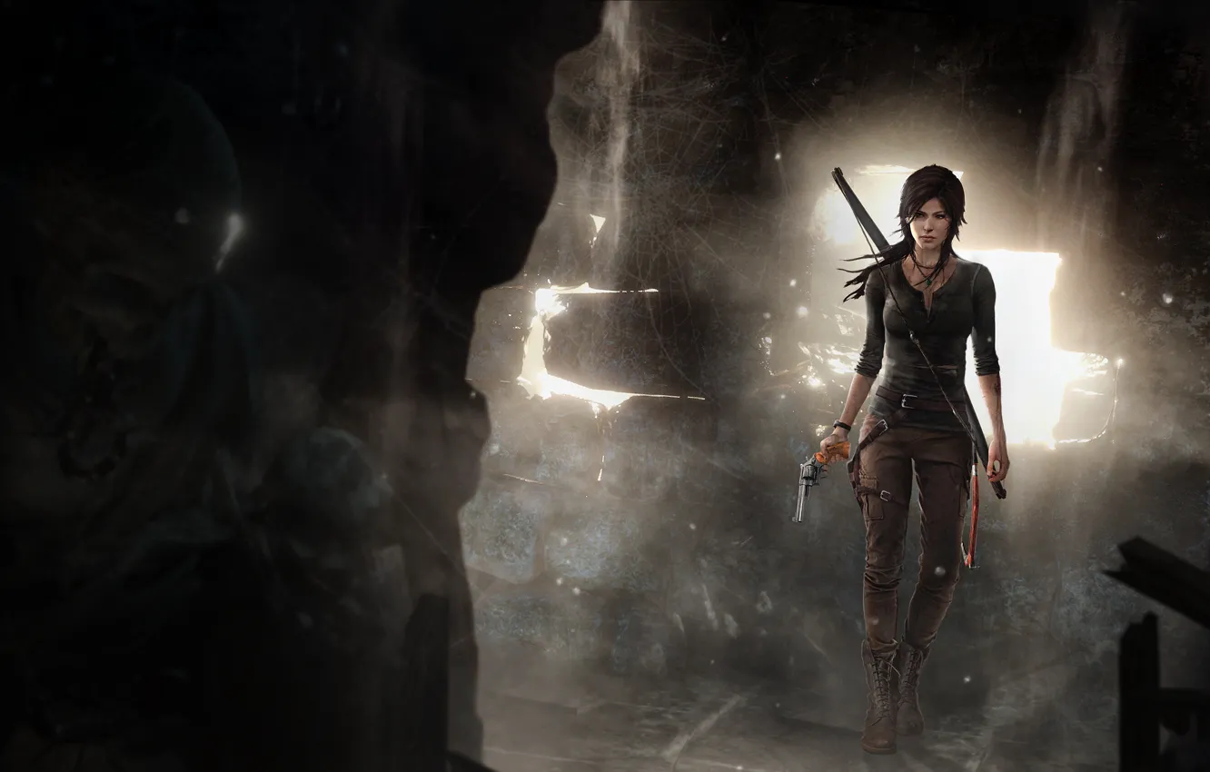 Фото обои девушка, череп, лук, скелет, пещера, револьвер, lara croft, tomb raider