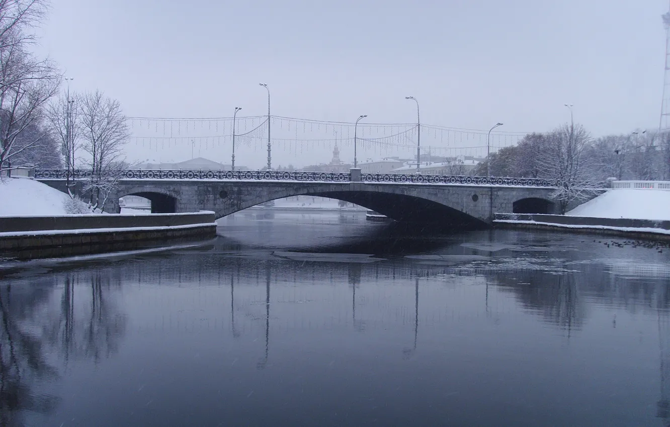 Фото обои зима, мост, серость, Минск, Свислоч