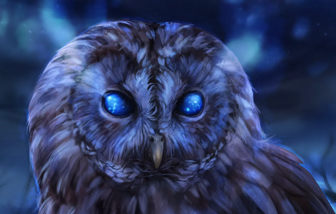Фото обои космос, сова, птица, вселенная, боке, Owl, Artwork, светящиеся глаза