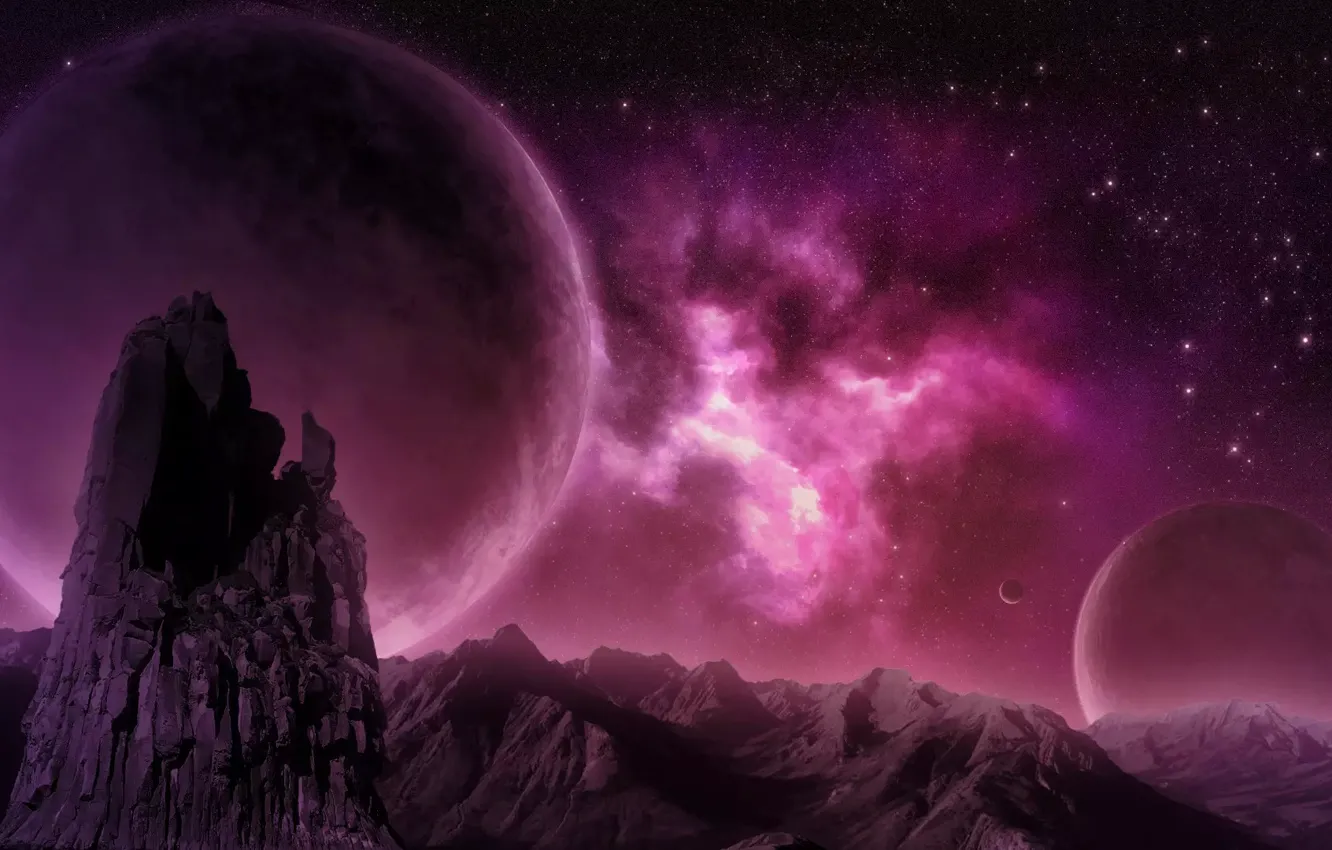 Фото обои горы, туманность, скалы, планета, nebula, pink, planet